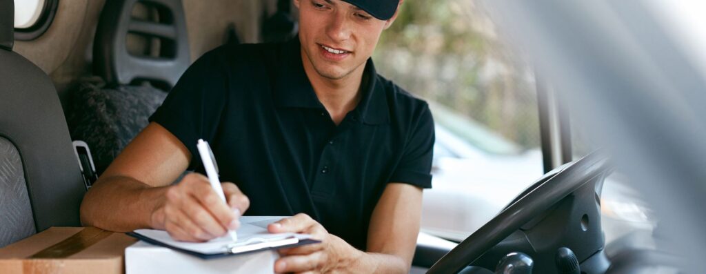 WHG Preston Delivery driver signing for parcel